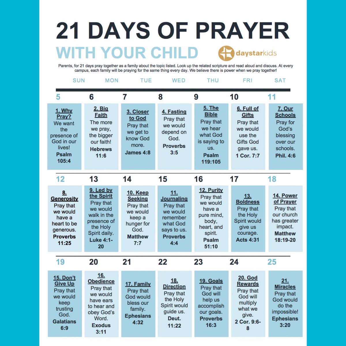 Parents, please pick up your family's #21daysofprayer calendar at check-in this weekend! Every family, across every campus, will be praying together over the same topics. There is power when we pray in #unity! <a href="/daystarchurchtv/">Daystar Church</a> #prayer #purpose #family #power #nextgen #kidmin