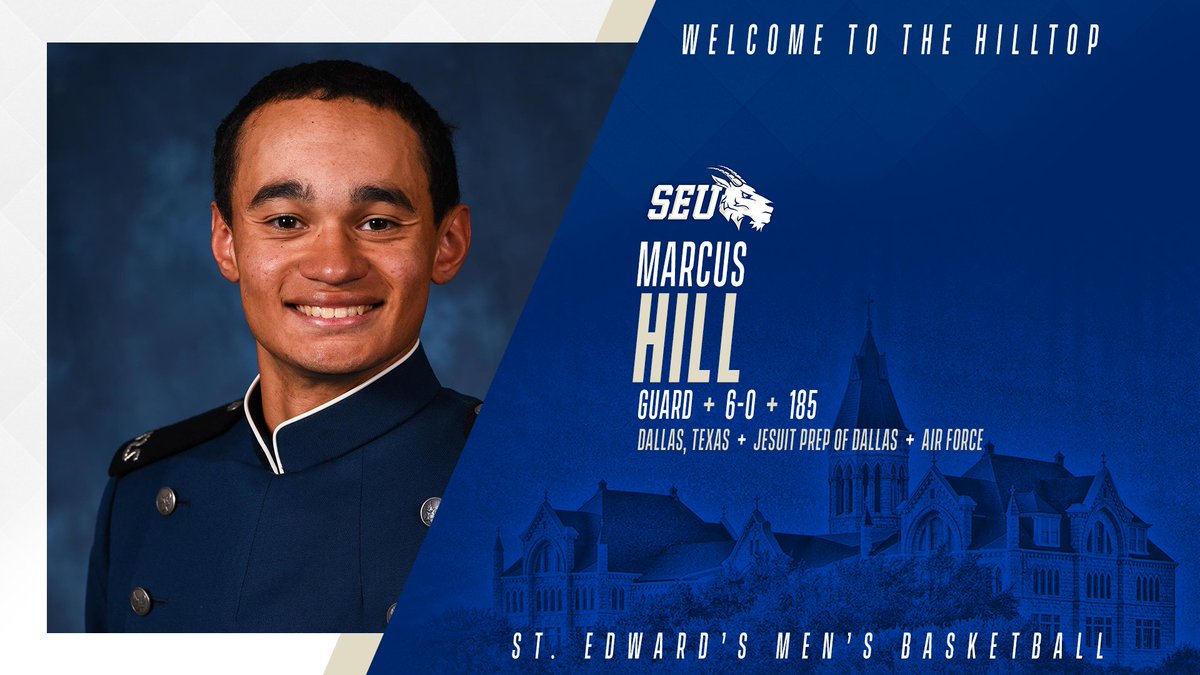 SEUMBasketball's tweet photo. We are thrilled to announce our newest Hilltopper, Marcus Hill!

Marcus is transferring to St. Edward's from Air Force. He will be a redshirt freshman next season. He's from Dallas and attended Jesuit Prep of Dallas.

Welcome to the Hilltop, Marcus!

#FearTheGoat🐐 https://t.co/cjLnT48lTK