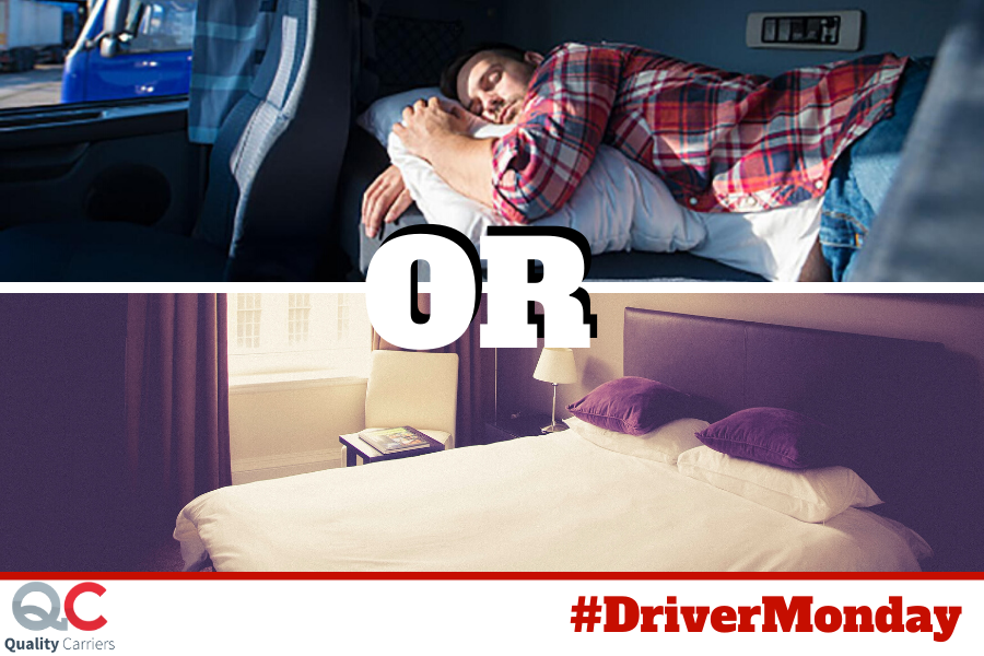 QualityCarriers's tweet photo. It's #DriverMonday! Every Monday we ask what driver's prefer. Today it's, SLEEPING IN SLEEPER or DRIVING DAY CAB & SLEEPING IN HOTEL?
Comment your answer below and don't forget to Like, and Share.
Also, be on the look out for the winning answer! https://t.co/9dhmWZD6bP