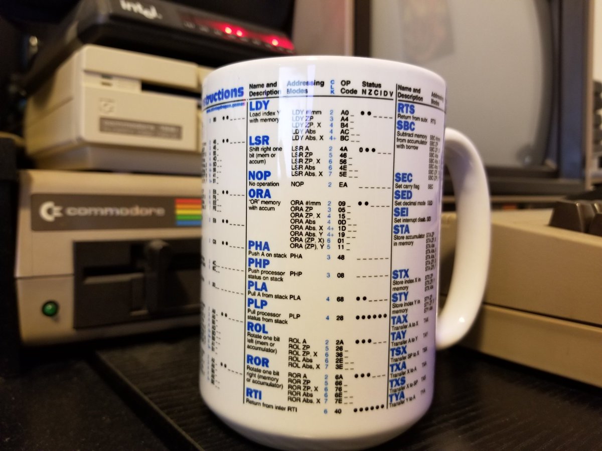 cultofoldschool's tweet photo. Got my 6510 asm reference coffee mug in the mail today! :) #assembly #code #c64 #retrocomputing #8bit #coffeecoding https://t.co/Gcj7ciVA0o