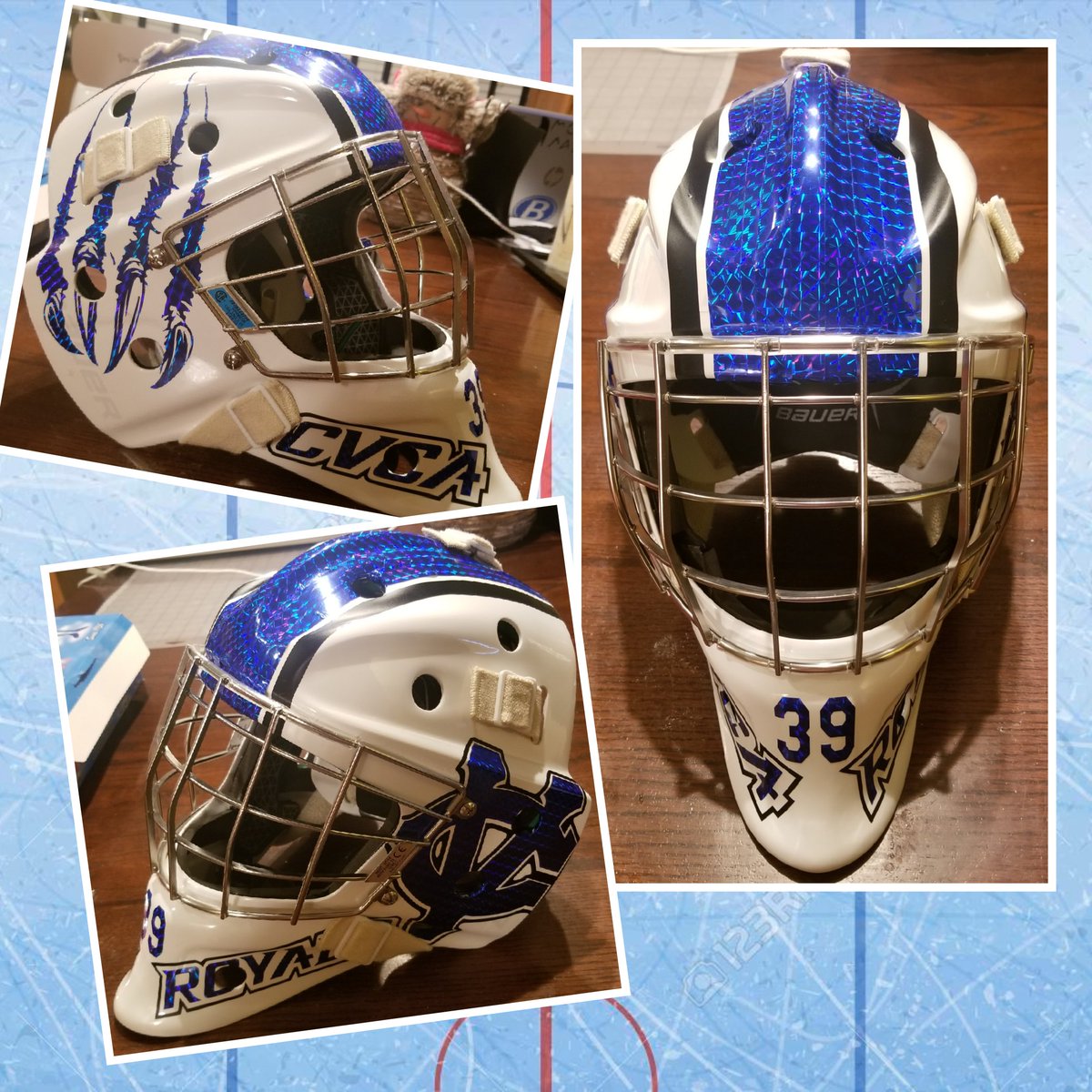 SgtSBL's tweet photo. I got to design and apply these graphics to a hockey goalie helmet for @mscuyahogacuse and her son thanks to @BMAALGI!! Thanks for the opportunity gang and let's hope it help obtain a .000 GAA!!! #goaliesrule #AGG #goaliefamily #SFSOhio https://t.co/494Batt4gh