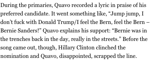 charlesraustin's tweet photo. Still the most devastating part of Bernie losing in '16 was Migos having to cut pro-Bernie lyrics from Bad and Boujee https://t.co/XLPoI2a805
