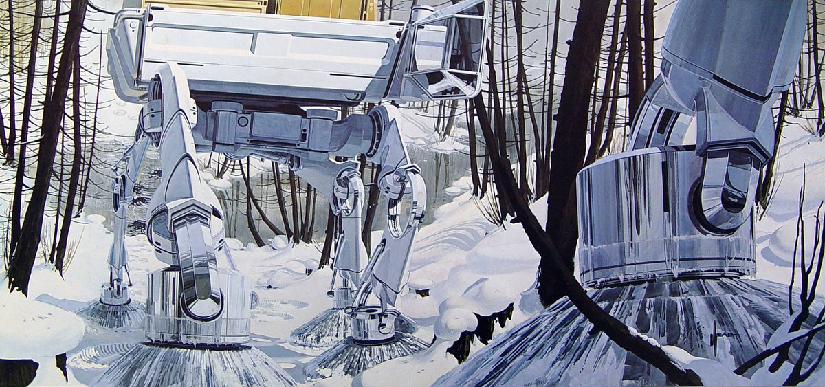 70sscifi's tweet photo. Syd Mead inspired Star Wars' AT-AT walkers.
From art director Joe Johnston: "The snow walkers were from a brochure by Syd Mead for US Steel of these walking trucks going through the snow – we turned them into walking tanks."
https://t.co/WHjISAfpav https://t.co/JP34ae8Pfn