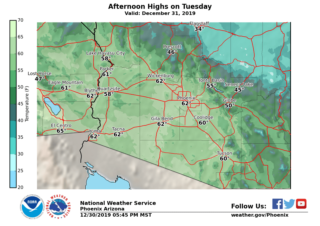 NWSPhoenix's tweet photo. The high in Phoenix today was a very cool 56 degrees....almost 10 deg. below normal. On Tuesday, the "normal" high starts its 6 month upward trend...and rises to 66 degrees. Forecast high is still below normal tho... #azwx https://t.co/RgKB42Ebov