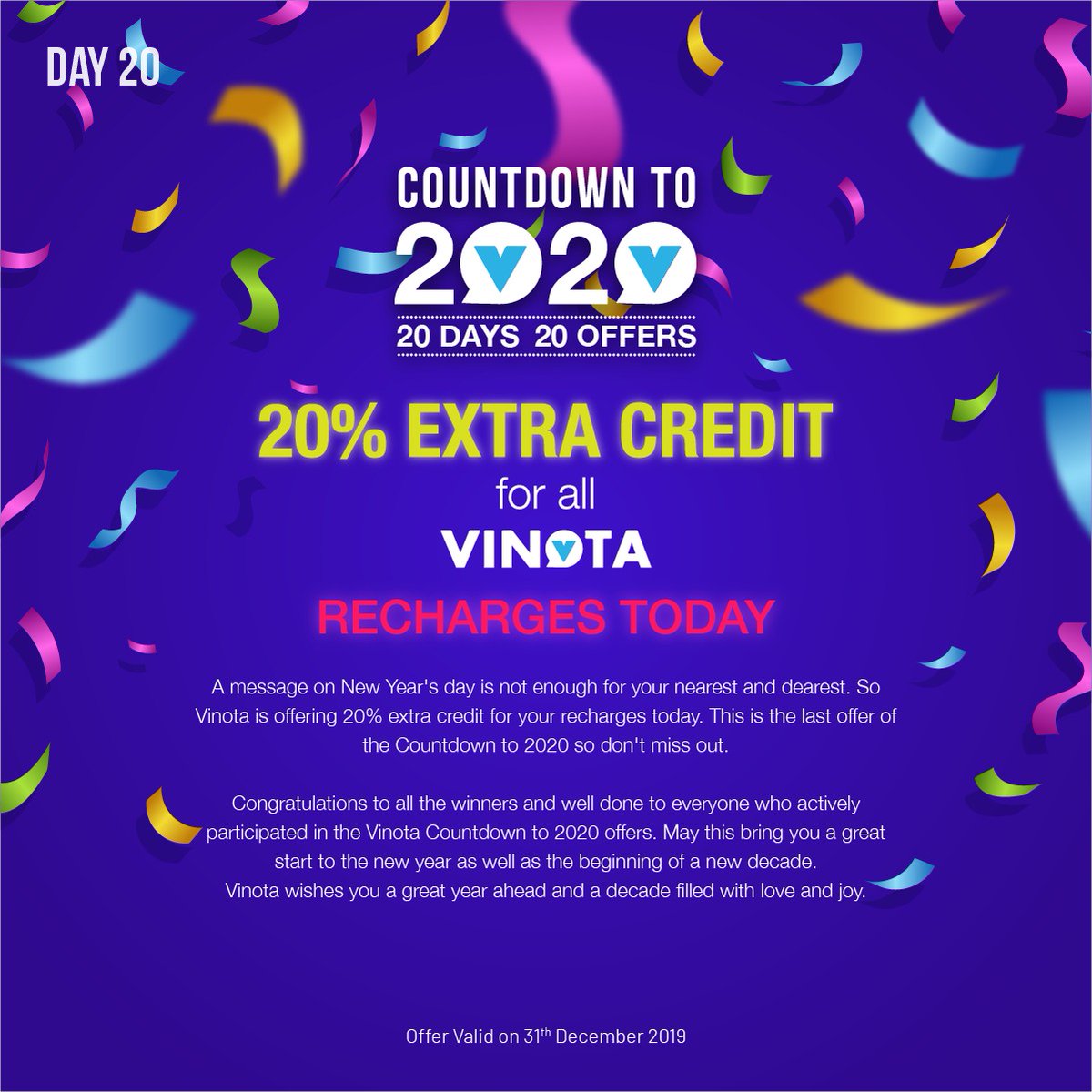 vinotaAPP's tweet photo. A message on New Year's day is not enough for your nearest and dearest. So Vinota is offering 20% extra credit for your recharges today. This is the last offer of the Countdown to 2020 so don't miss out. https://t.co/kwfw9C4RG6