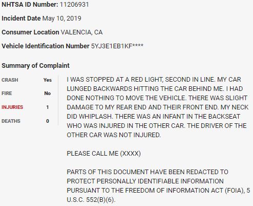 23/ On May 10, 2019, a  $TSLA Model 3 stopped at a red light went into reverse and smashed into the car behind it in what appears to be a sudden unintended acceleration event.  $TSLAQ