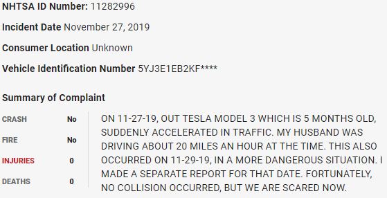 4/ On November 27, 2019, a  $TSLA Model 3 randomly accelerated in what appears to be a sudden unintended acceleration event.  $TSLAQ
