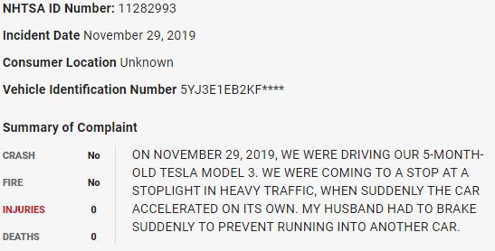 5/ On November 29, 2019, the same  $TSLA Model 3 in Tweet 4 of this thread randomly accelerated in what appears to be a sudden unintended acceleration event.  $TSLAQ