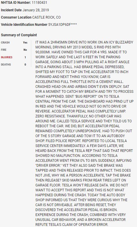 19/ On January 28, 2019, a  $TSLA Model S in a parking lot smashed into a wall in what appears to be a sudden unintended acceleration event.  $TSLAQ