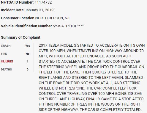 20/ On January 31, 2019, a  $TSLA Model S traveling on the highway smashed into the guardrail, zig zagged across the highway and crashed into some trees in what appears to be a sudden unintended acceleration event.  $TSLAQ