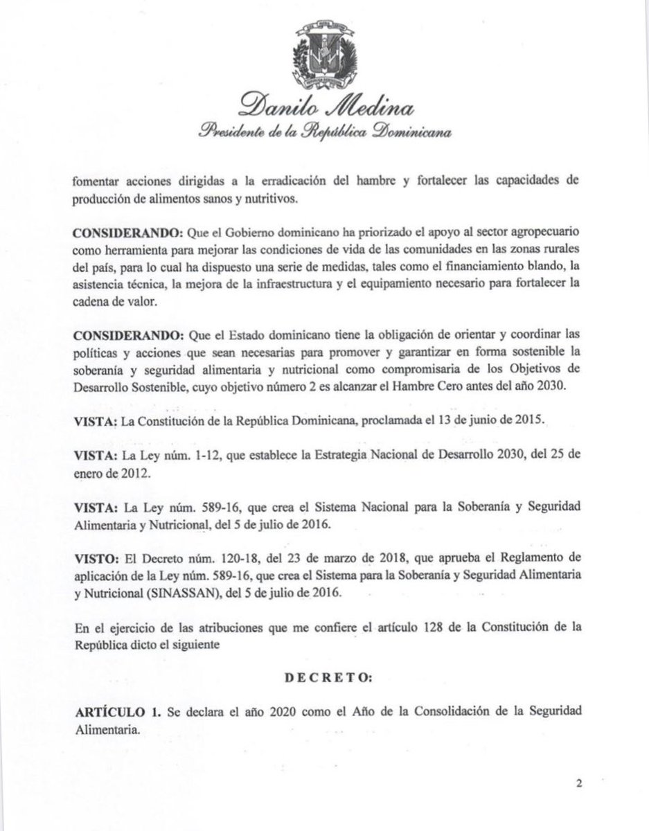 RodrigMarchena's tweet photo. [Decreto 497-19] Presidente Danilo Medina declara el año 2020 como el Año de la Consolidación de la Seguridad Alimentaria.

 A la vez, pidió a las instituciones públicas y privadas colaborar en la implementación de iniciativas y programas que fomenten la seguridad alimentaria. https://t.co/bPzBzuScNa
