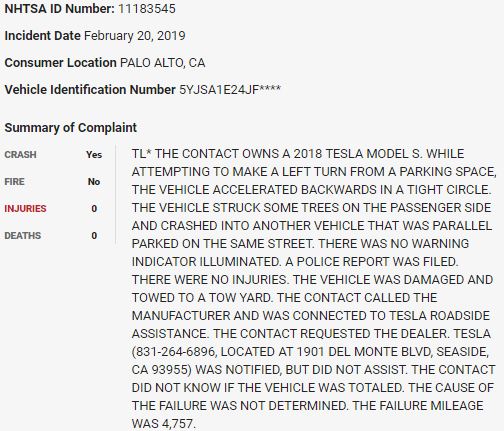 28/ On February 20, 2019, a  $TLSA Model S crashed into another vehicle and some trees in what appears to be a sudden unintended acceleration event.  $TSLAQ