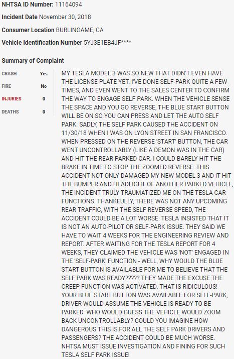 34/ On November 30, 2018, a  $TSLA Model 3 zoomed in reverse while using the auto self-park feature in what appears to be a sudden unintended acceleration event.  $TSLAQ