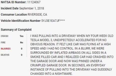 46/ On September 1, 2018, a  $TSLA Model 3 crashed into a garage door in what appears to be a sudden unintended acceleration event.  $TSLAQ