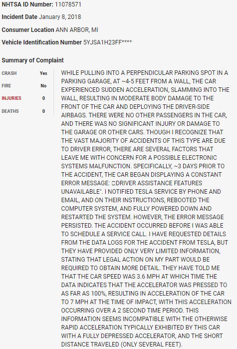 50/ On January 8, 2018, a  $TSLA Model S in a parking garage smashed into a wall in what appears to be a sudden unintended acceleration event.  $TSLAQ
