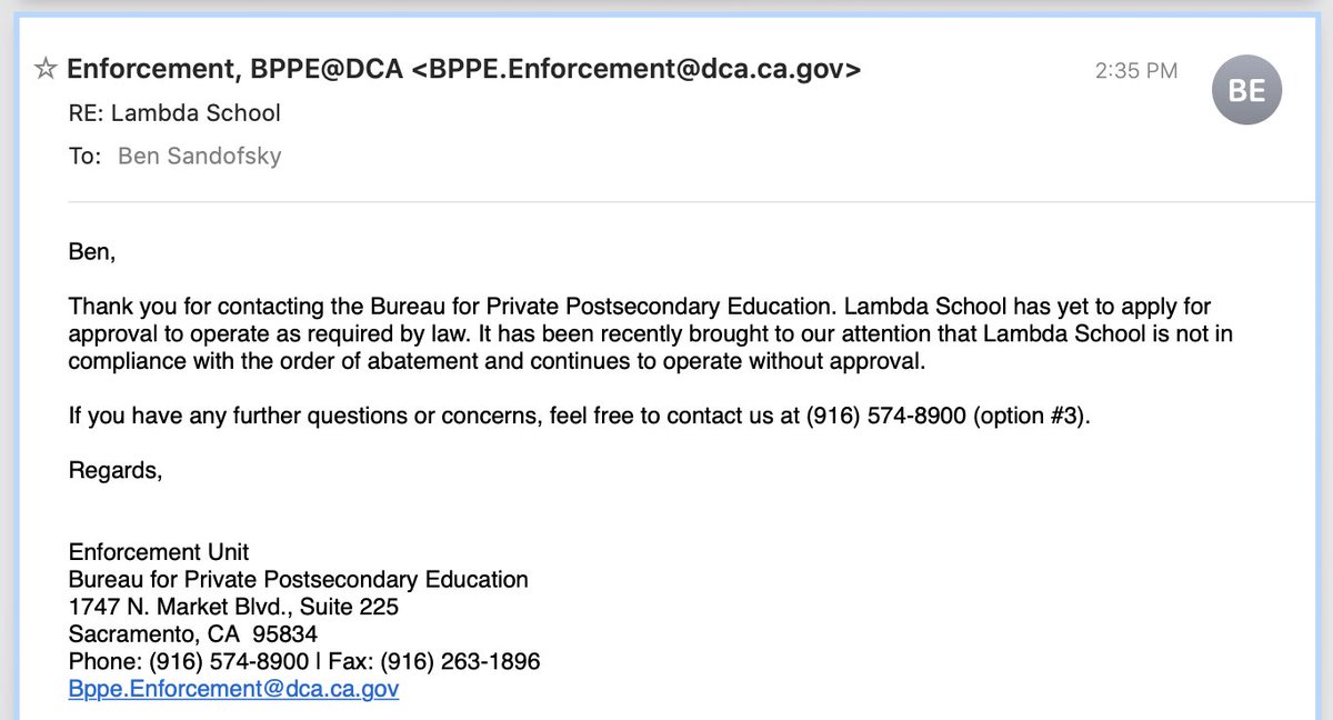 BPPE suggested I contact their enforcement division. It turns out Lambda School hasn't even applied for approval.