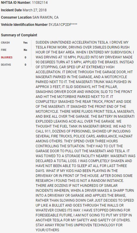 68/ On March 27, 2018, a  $TSLA Model S crashed through a garage door, striking a Maserati and a motorcycle in what appears to be a sudden unintended acceleration event.  $TSLAQ