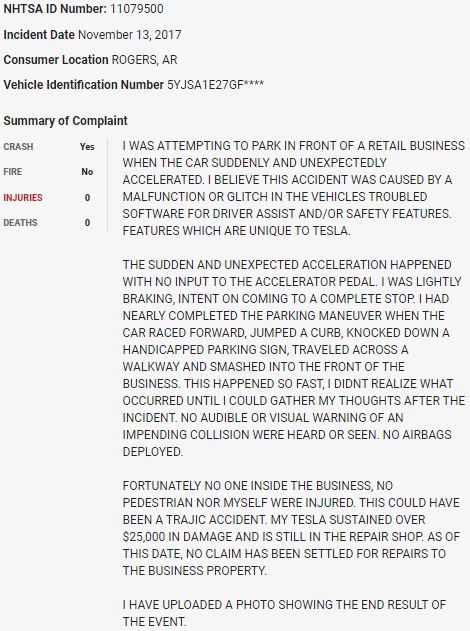 70/ On November 13, 2017, a  $TSLA Model S crashed into a business in what appears to be a sudden unintended acceleration event.  $TSLAQ