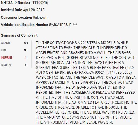 57/ On April 20, 2018, a  $TSLA Model S attempting to park crashed into a wall in what appears to be a sudden unintended acceleration event.  $TSLAQ