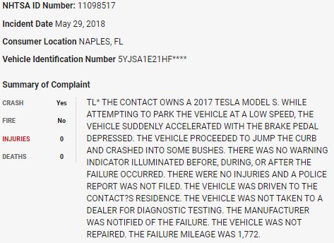 58/ On May 29, 2018, a  $TSLA Model S attempting to park crashed into some bushes in what appears to be a sudden unintended acceleration event.  $TSLAQ