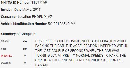 59/ On May 5, 2018, a  $TSLA Model 3 attempting to park crashed into a tree in what appears to be a sudden unintended acceleration event.  $TSLAQ