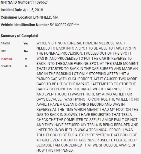 60/ On April 5, 2018, a  $TSLA Model X attempting to park crashed into a vehicle and damaged two others in what appears to be a sudden unintended acceleration event.  $TSLAQ