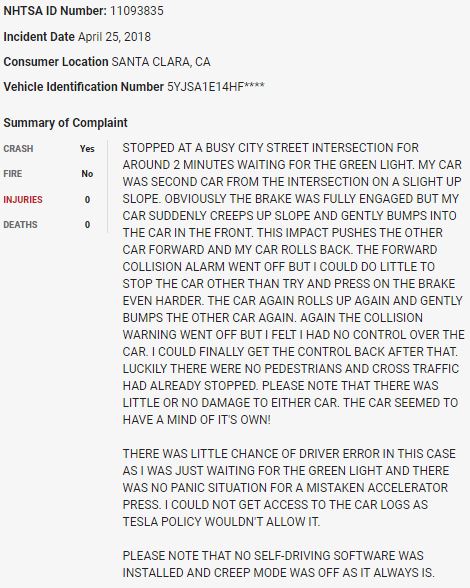 61/ On April 25, 2018, a  $TSLA Model S stopped at a light rear-ended the car in front of it in what appears to be a sudden unintended acceleration event.  $TSLAQ