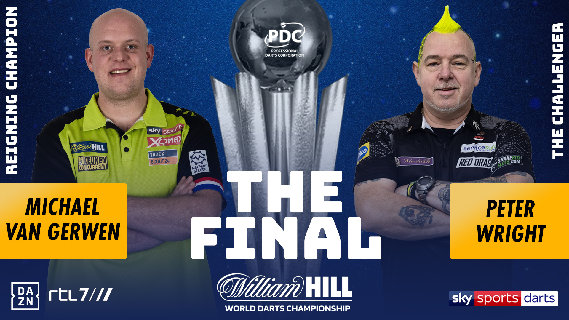 PDC Darts on Twitter: "THE FINAL! Michael Gerwen will face Peter Wright for the 2019/20 @WilliamHill World Darts Championship title! Who will be crowned World Champion? https://t.co/49mp5x2pvW" / Twitter