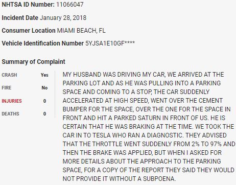76/ On January 28, 2018, a  $TSLA Model S crashed into a parked car in what appears to be a sudden unintended acceleration event.  $TSLAQ
