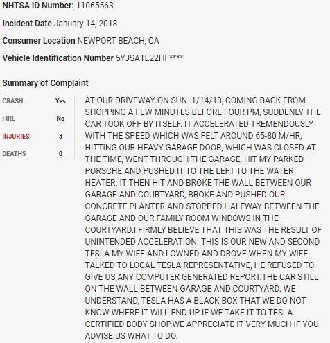 77/ On January 14, 2018, a  $TSLA Model S crashed into a garage door in what appears to be a sudden unintended acceleration event.  $TSLAQ