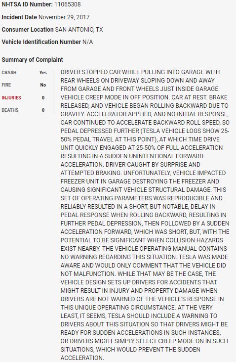 78/ On November 29, 2017, a  $TSLA crashed into a freezer inside a garage in what appears to be a sudden unintended acceleration event.  $TSLAQ