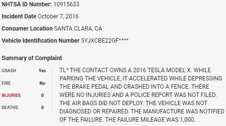 99/ On October 7, 2016, a  $TSLA Model X crashed into a fence in what appears to be a sudden unintended acceleration event.  $TSLAQ