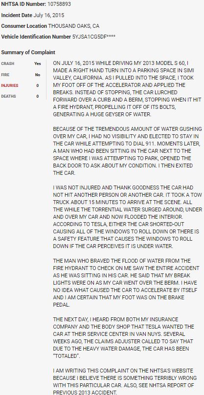 117/ On July 16, 2015, a  $TSLA Model S crashed into a fire hydrant in what appears to be a sudden unintended acceleration event.  $TSLAQ