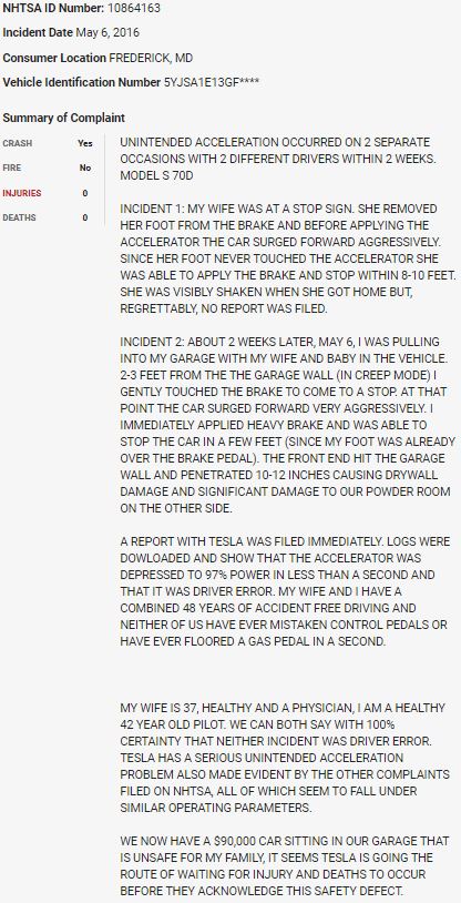 110/ On May 6, 2016, a couple experienced their second episode of what appear to be sudden unintended acceleration events with their  $TSLA Model S. Only one report was filed.  $TSLAQ