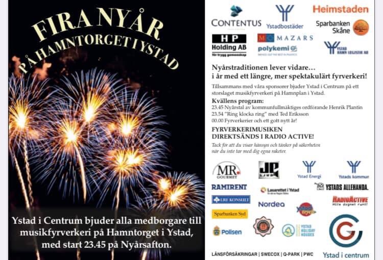 Gott nytt år 🎉 
Om du är i Ystad bjuder ”Ystad i centrum” på fyrverkerier