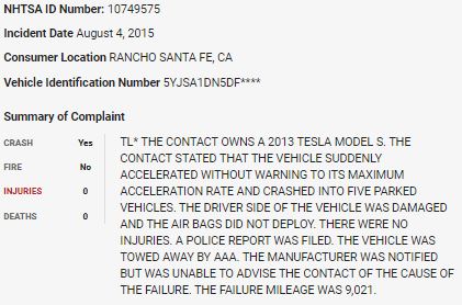 119/ On August 4, 2015, a  $TSLA Model S crashed into five parked vehicles in what appears to be a sudden unintended acceleration event.  $TSLAQ