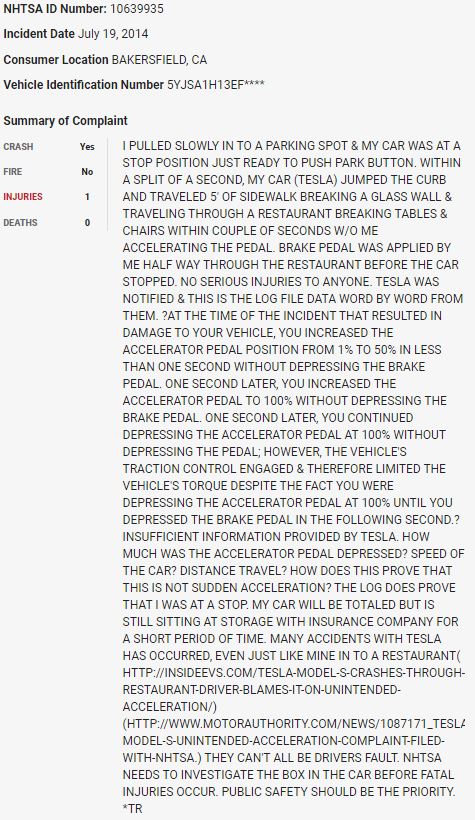 121/ On July 19, 2014, a  $TSLA Model S crashed into a restaurant in what appears to be a sudden unintended acceleration event.  $TSLAQ