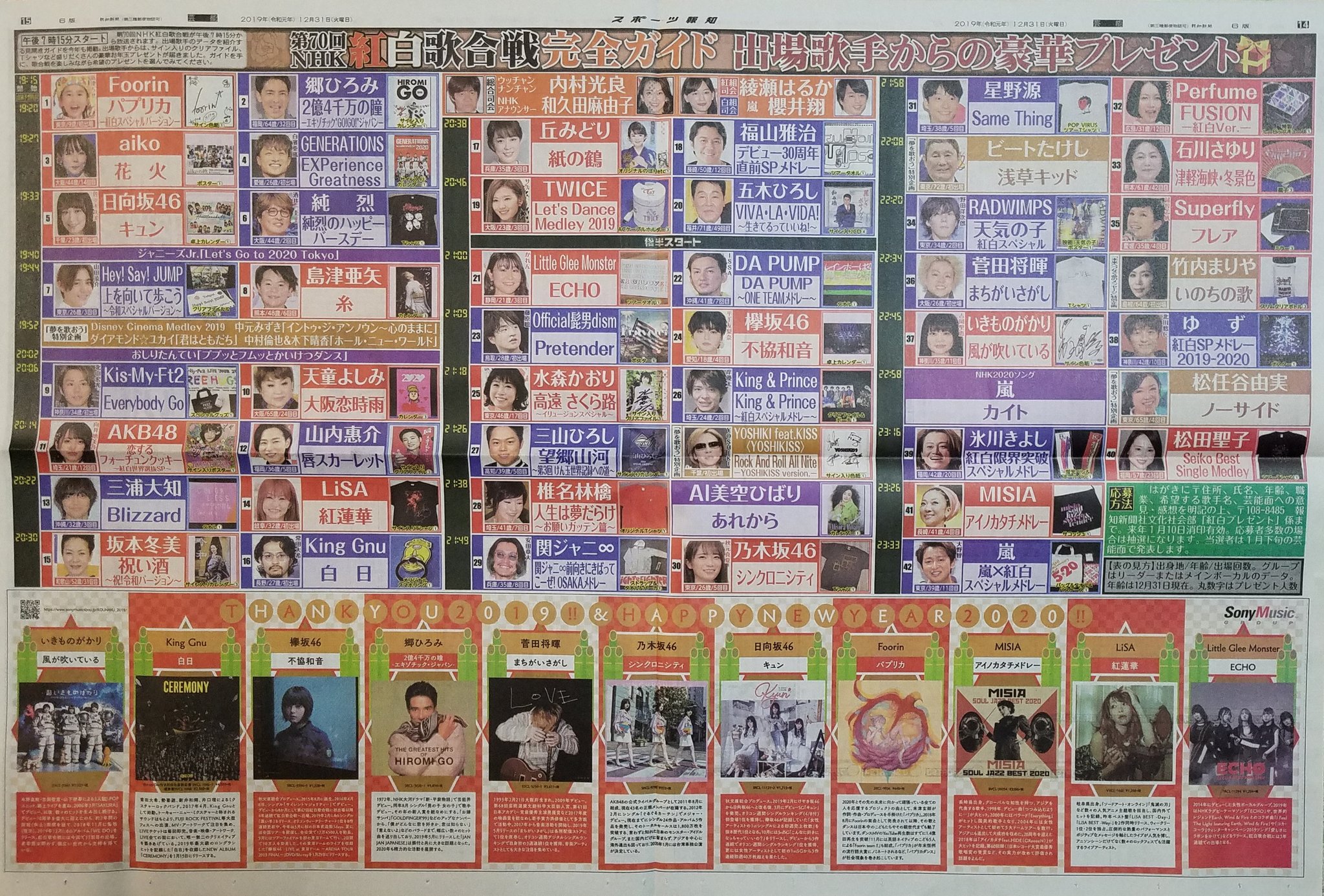 ちゅら 第70回nhk紅白歌合戦 全面 1面 タイムテーブル スポーツ報知 読売新聞 ちゅら 第70回nhk紅白歌合戦 全面 1面 タイムテーブル スポーツ報知 読売新聞