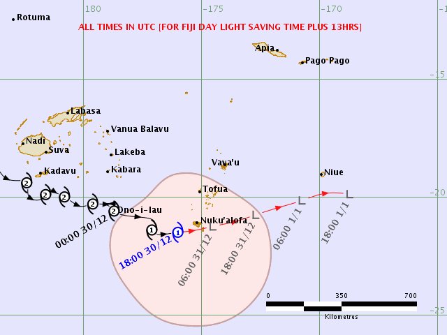 MikeAdcockWx's tweet photo. Warnings and advisories in effect for portions of Tonga from Tropical Cyclone #Sarai, as of Noon TST (2300 UTC 30 December).

#CycloneSarai https://t.co/ppu3Dhp4tr