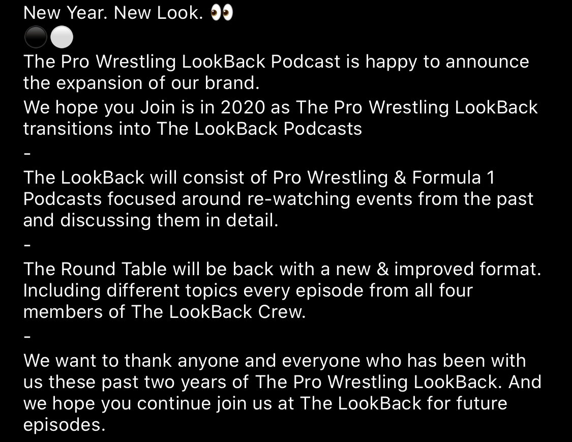 TheLookBackShow's tweet photo. ⚫️⚪️ 
The Pro Wrestling LookBack Podcast is happy to announce the expansion of our brand.
We hope you Join is in 2020 as The Pro Wrestling LookBack transitions into The LookBack Podcasts. 
#NewPodcast #ProWrestling #Formula1 #TheLookBack #F1 #New #LookBack https://t.co/PDo1Yzdbz9