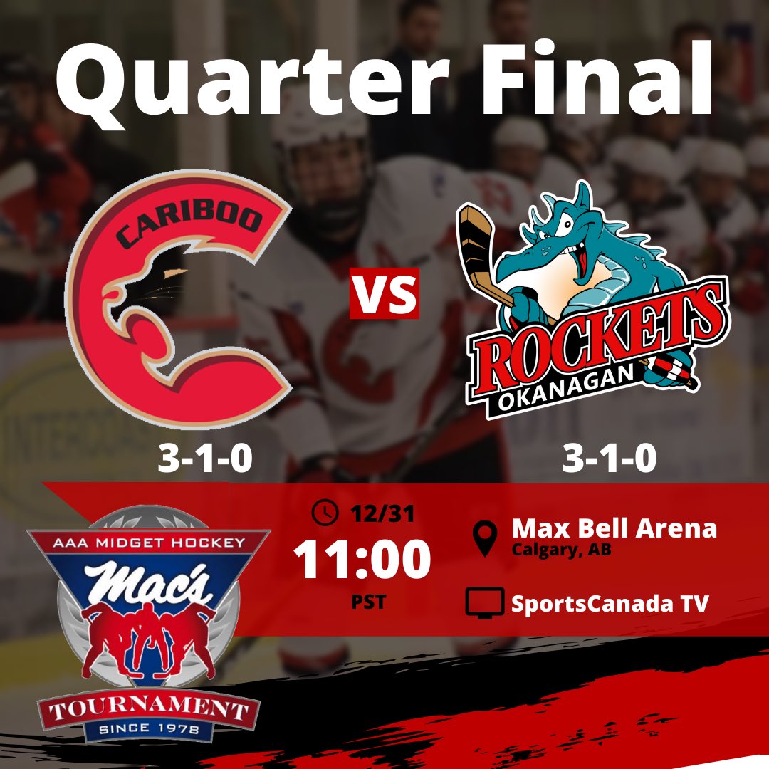 Quarter final action tomorrow vs our @BCHockey_MML rival, the @OkanaganRockets! #DefendTheNorth #CaribooHockey @MacsTournament <a href="/BCHockey_Source/">BC Hockey</a> @PGMatters <a href="/ckpgnews/">CKPG News</a>