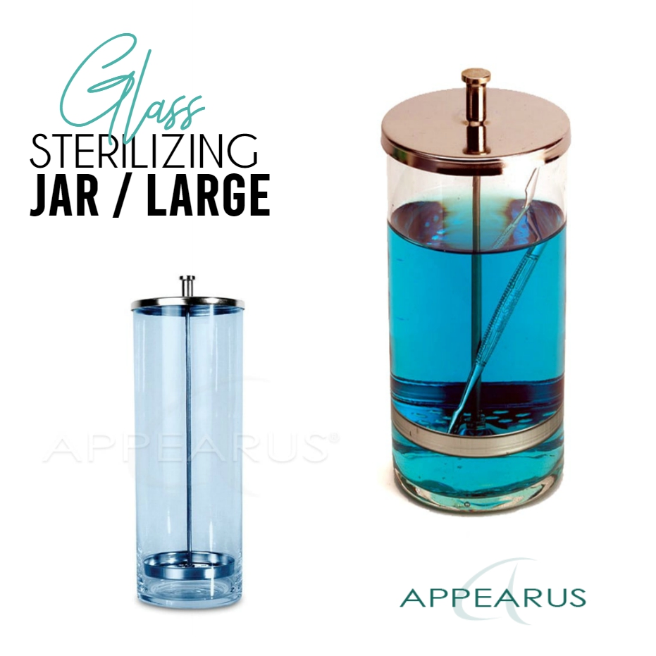 Essential tool for infection control, this round, clear glass sterilizer jar comes with stainless steel lid and implement holder.
 bit.ly/2ZAphW3

#appearus #spaapparel #sparobe #spawrap #headwear #undergarments #slippers #esthetics #estheticsupplies #facialsponge