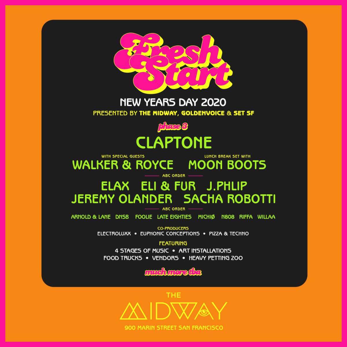 MFESTC's tweet image. The time is finally upon us... @Themidwaysf’s #FRESHSTART IS ABOUT COMMENCE! Lineup feat. @Claptone_ #ELAX (@boysnoize) @WalkerAndRoyce @sacharobotti @eliandfur @jphlip a secret someone from @Dirtybird and more! bigneon.com/tickets/fresh-…