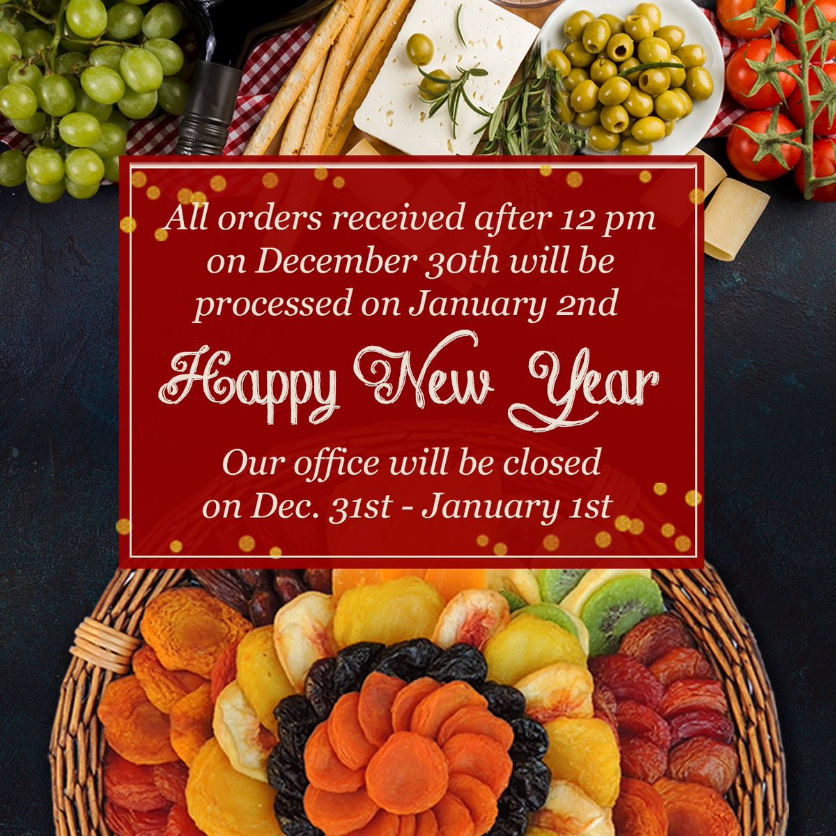 We wish you and your family a Happy New Year from the Vacaville Fruit Company. All orders received after 12 noon today will be processed on January 2nd. Our office will be closed Dec. 31-Jan. 1. #vacavillefruitcompany #driedfruitandnuts #driedfruitsnacks #glutenfree #vacaville