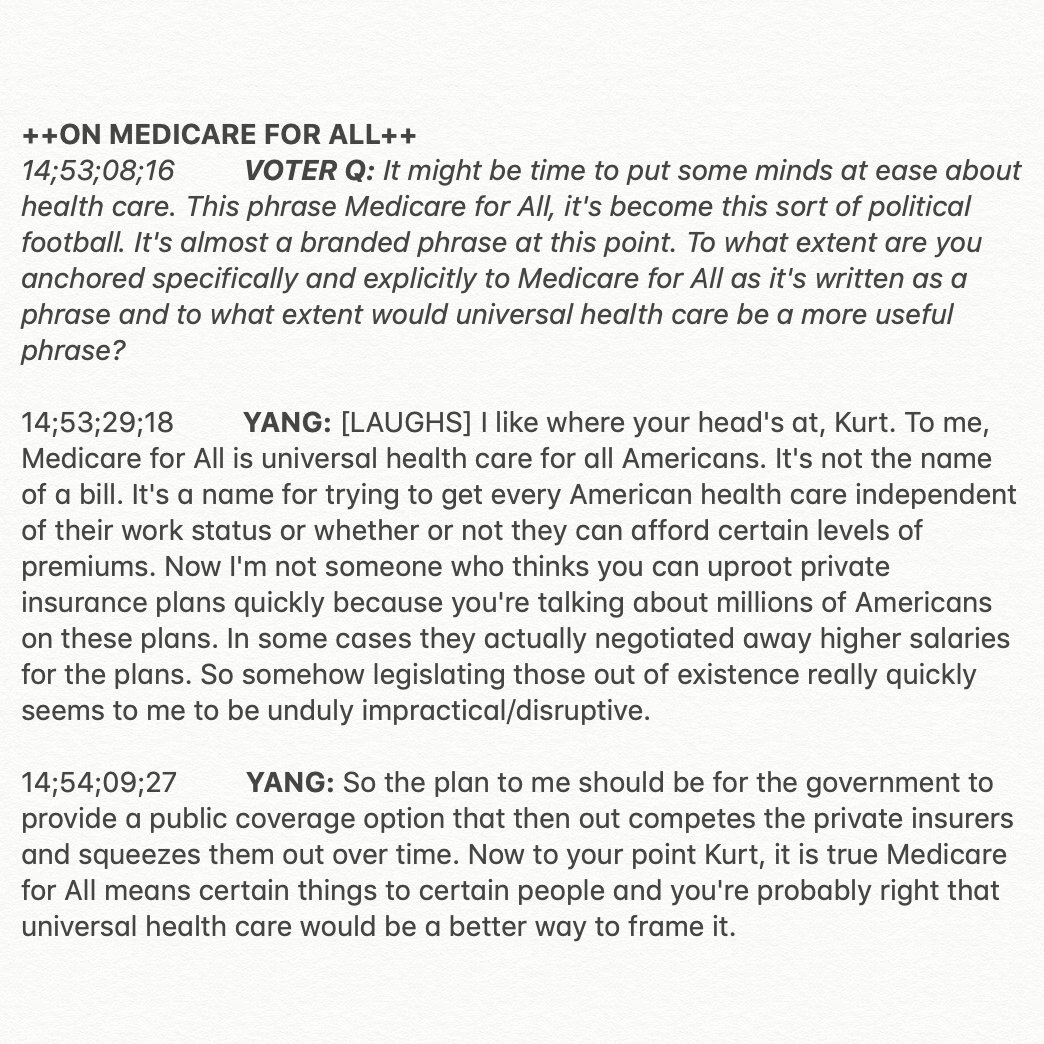 JulesJester's tweet photo. In Nashua, NH a voter asked Yang about his use of the phrase M4A: "To me, #MedicareForAll is universal health care for all Americans. It's not the name of a bill ... You're probably right that universal health care would be a better way to frame it," @AndrewYang said. #NHpolitics https://t.co/6vXZRiXGhV