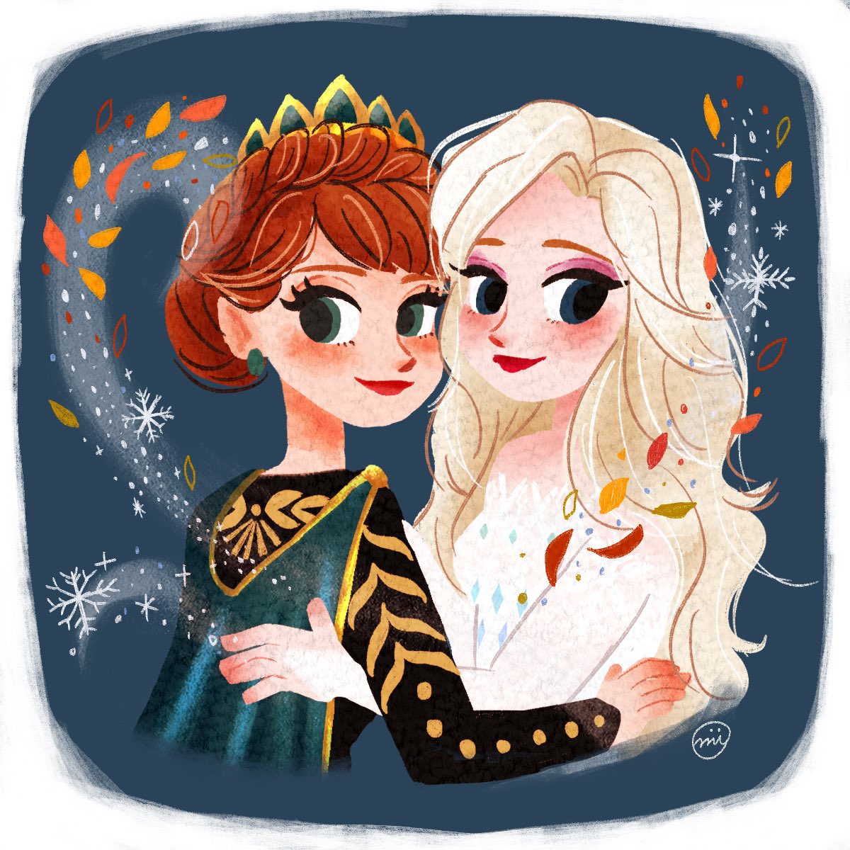 anna (frozen) ,elsa (frozen) multiple girls 2girls blonde hair sisters smile long hair siblings  illustration images