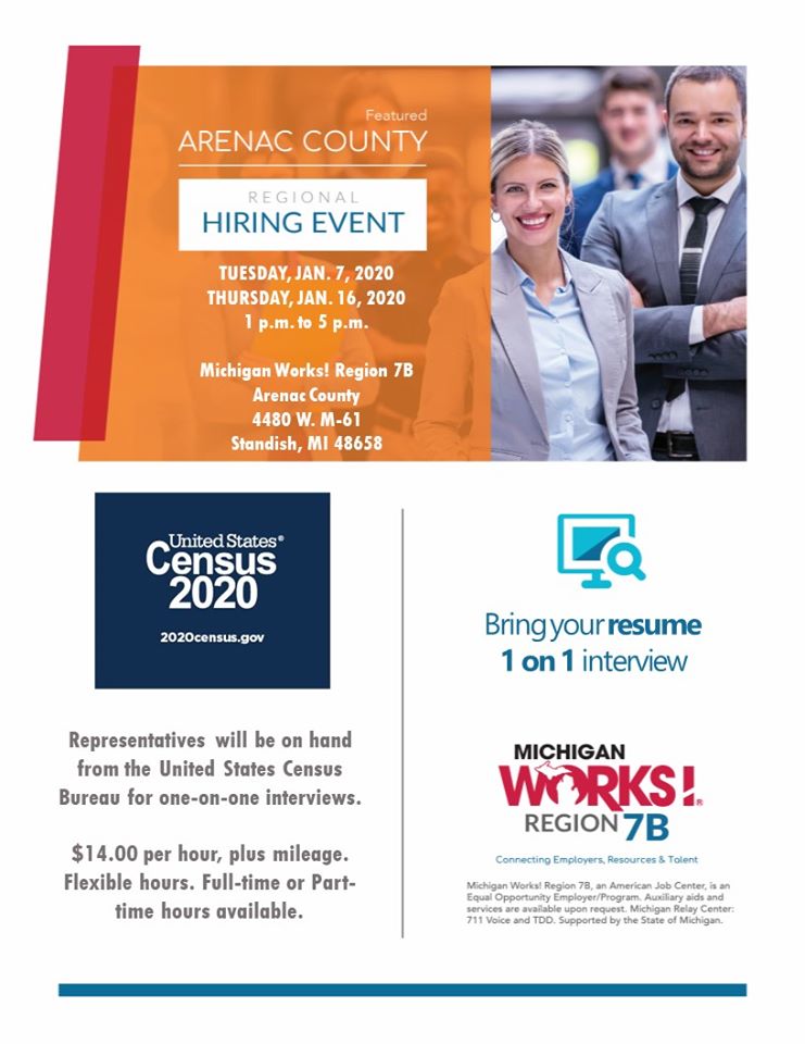 New opportunity for a new year! The United States Census is currently hiring people to help with the Census process. These are important jobs - the United States Census only happens once every ten years! #Census2020 #MiWorksRegion7B #ArenacCounty