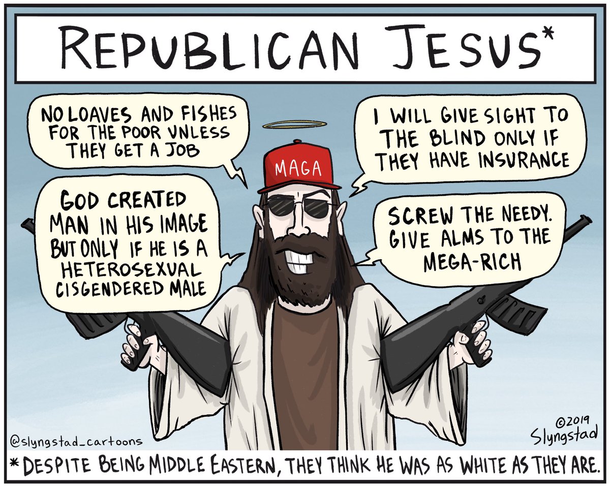 SlyngCartoons's tweet image. Republicans must admit that this is really the version of Jesus they believe in. #Republicans #RepublicanJesus #GOP #ComplicitCorruptGOP #Foodstamps #PartyOfTrump #wwjd