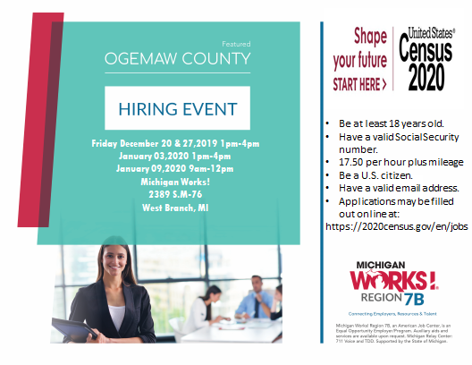 If you have been debating about working for the U.S. Census, come into the the West Branch Michigan Works office and speak with Patricia. She would love to answer your questions! #Census2020  #OgemawCounty #MiWorksRegion7B