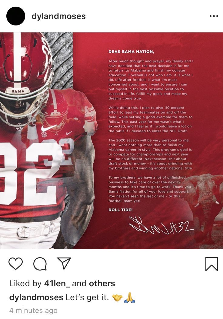 BarstoolAlabama's tweet photo. Dylan Moses Returning BABYYYYYY! https://t.co/BqbJSN2a1g